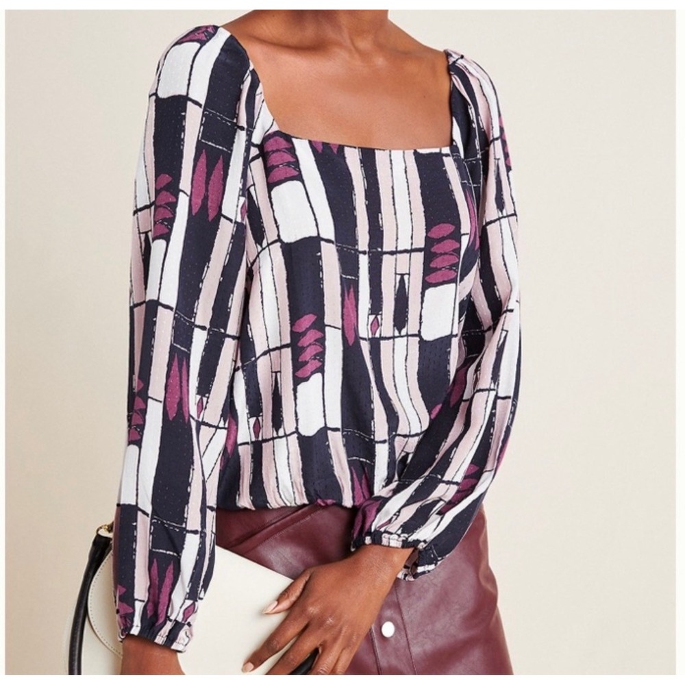Anthropologie The Odells Women Navy Pink Geometric Square Neck Blouse Top Small